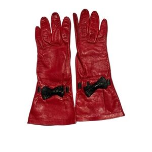 Vintage Yves Saint Laurent Authentic Red Leather Gloves with Black Bow
